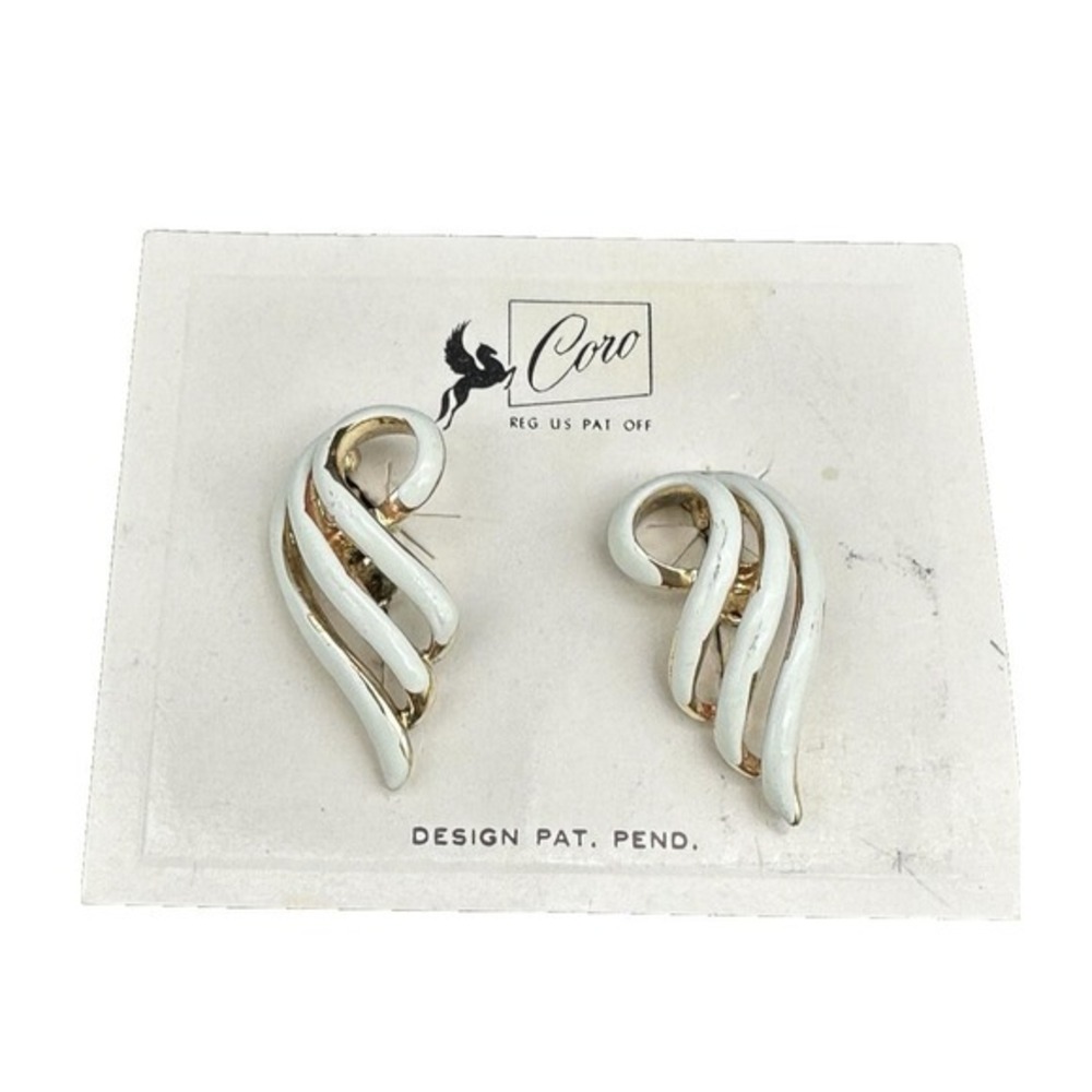 Vintage Signed‎ Coro White Silver Tone Enamel Swirl 1960s Screw back Earrings
